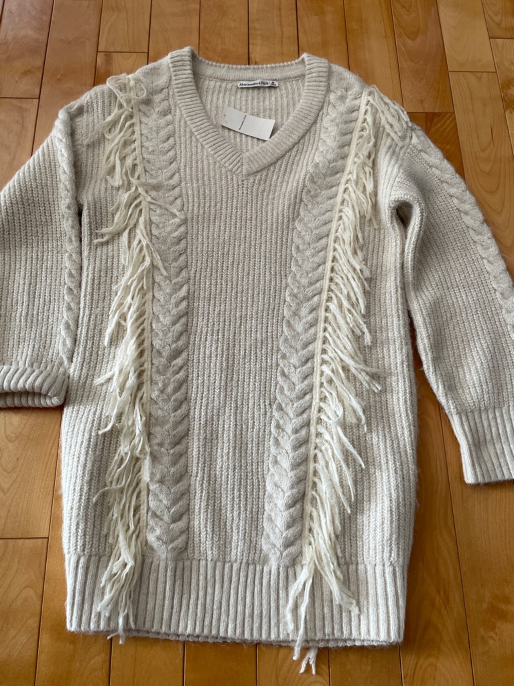 M.    Cream V-Neck Fringe Cable Knit Dress -NWT
